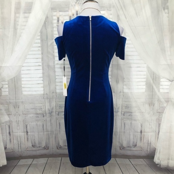 Calvin Klein Size 4 Blue Velvet Short Sleeve Cold-Shoulder Dress Fitted Sheath - Picture 8 of 10